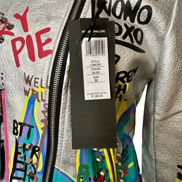 Robert Phillipe Graffiti Print Faux Leather Cropped Motorcycle Jacket Size M Stu - Picture 5 of 15
